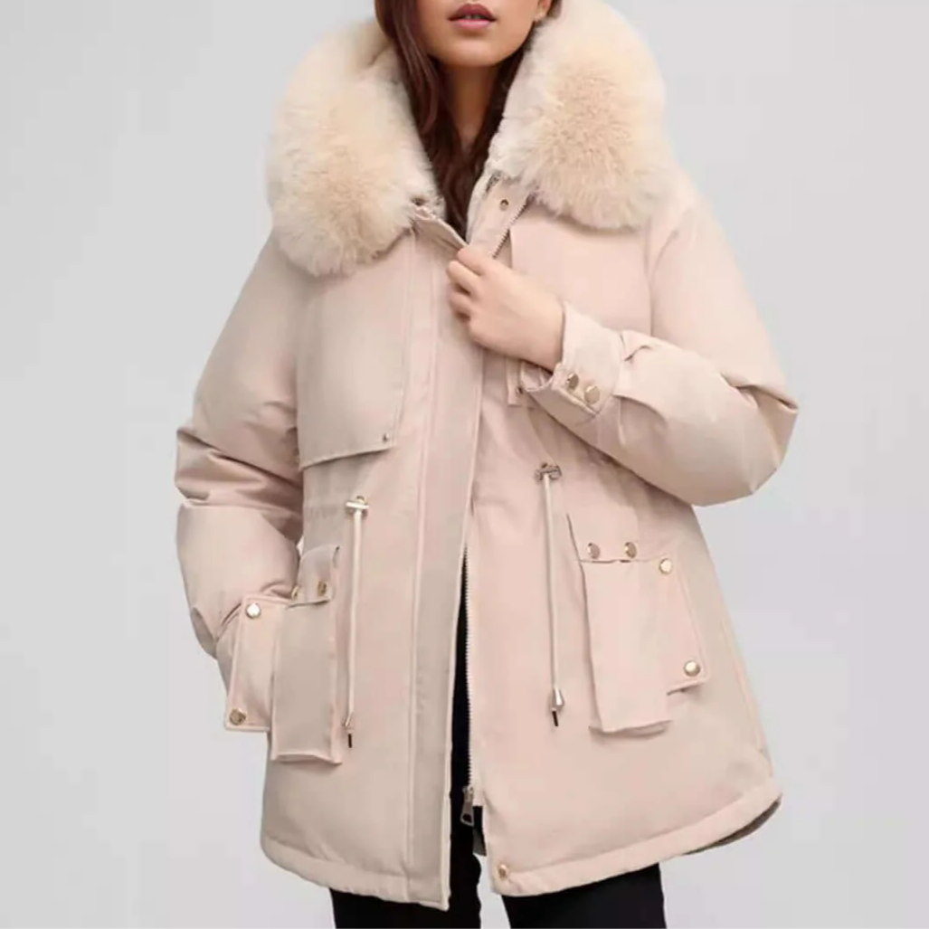 Studio Harvyn | Women - Faux Fur Collar Hip-Length Coat - Zip Closure