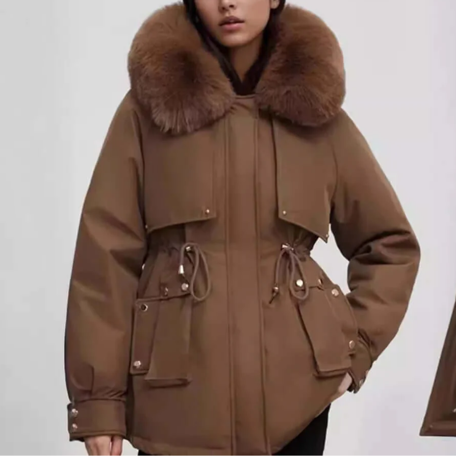 Studio Harvyn | Women - Faux Fur Collar Hip-Length Coat - Zip Closure