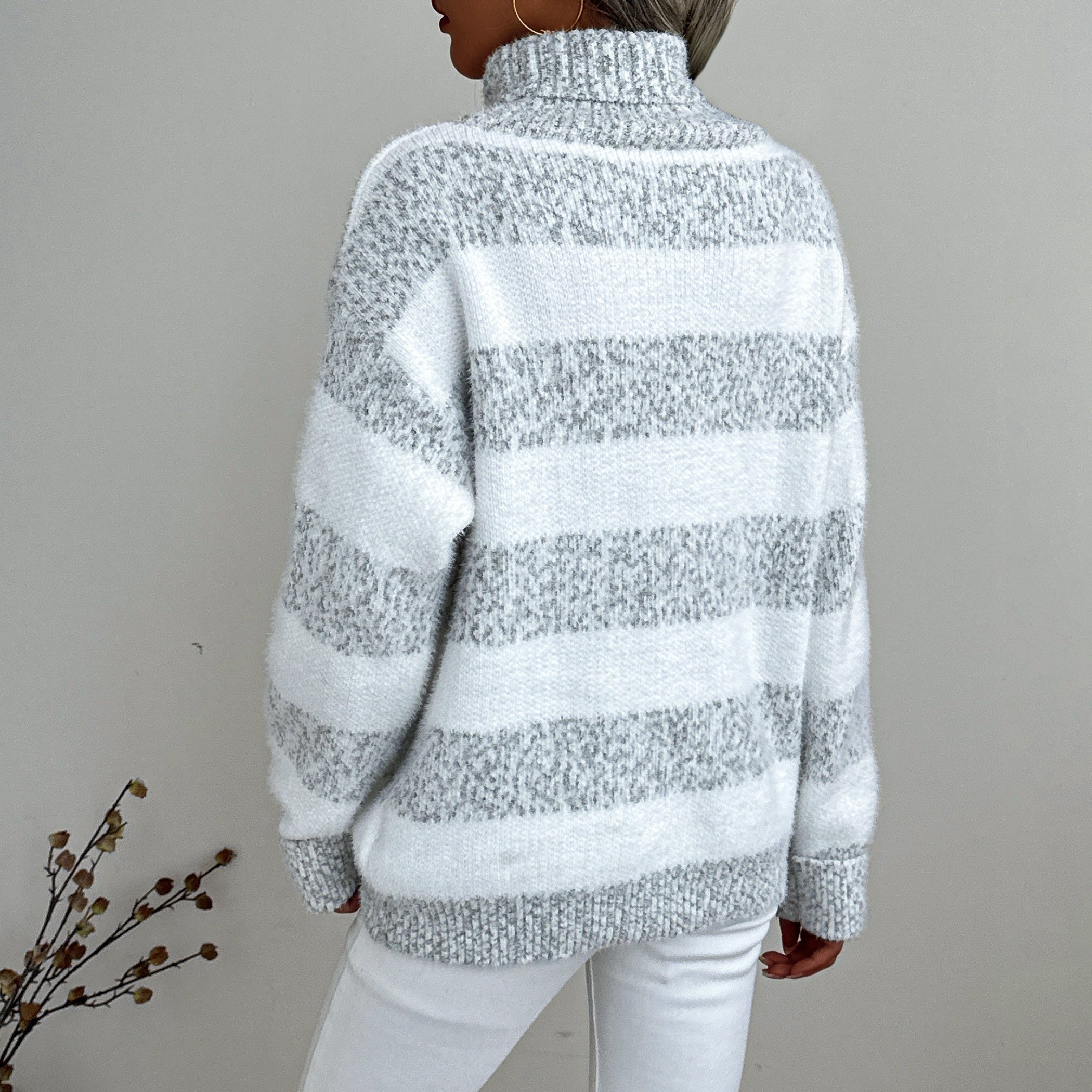 Studio Harvyn | Women – Grey Striped Turtleneck Jumper - Cosy Style